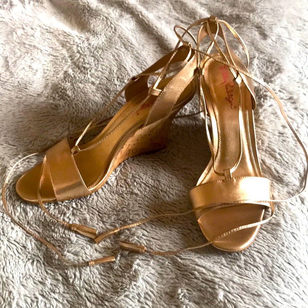 Lilly Pulitzer Aria Cork Wedge Heel Gold Leather Pump Sandal Lace Up Dress Shoes